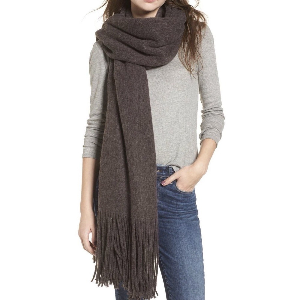 New Free People Kolby Brushed Dark Gray Scarf Blanket Fringe Retail $48 Soft